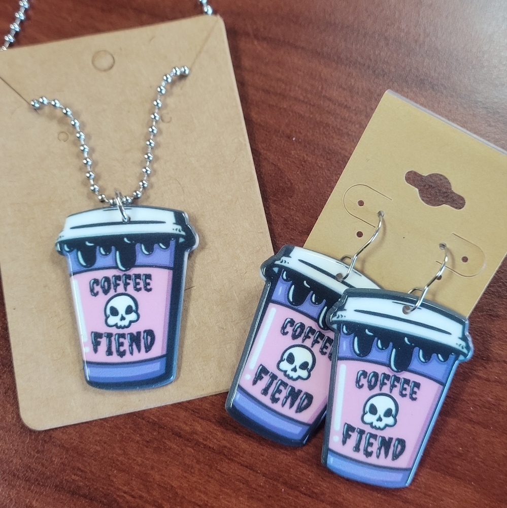 New Coffee Fiend Acrylic Earring and Necklace Set Stainless Steel